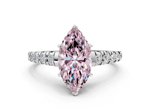 Fancy Pink Marquise Cut Diamond Cathedral Solitaire Ring with Round Pavé Band White gold