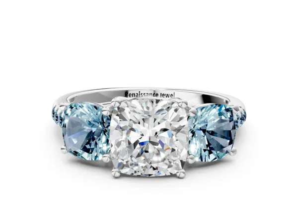 Three-Stone Cushion Cut Diamond Ring with Round Aquamarine Pavé Band and Prong Setting Platinum