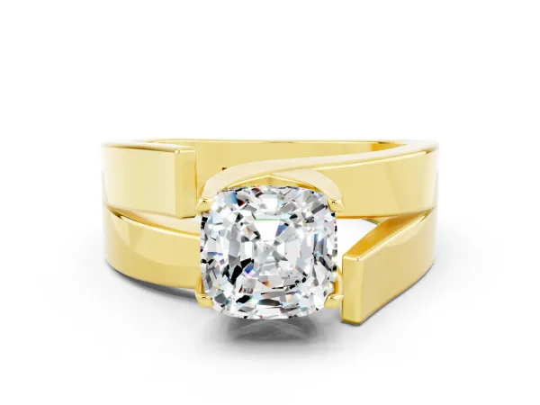 Modern Tension Set Cushion Cut Moissanite Solitaire Wide Band Ring Yellow gold