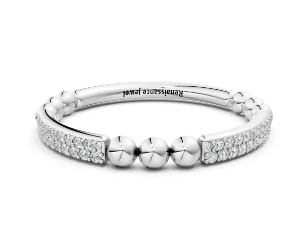 Pave Round Diamond Beaded Band with Shared Prong Setting Platinum