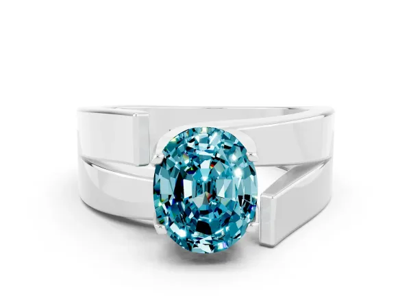 Modern Tension Set Oval Cut Blue Topaz Solitaire Wide Band Ring Platinum