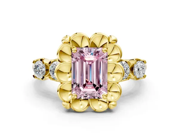 Fancy Pink Emerald Cut Cut Diamond Floral Halo Engagement Ring with Shared Prong Setting Yellow gold