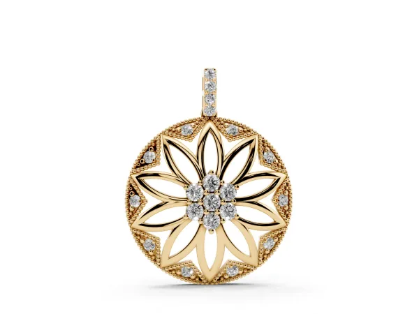Round Diamond Cluster Flower Pendant Yellow gold