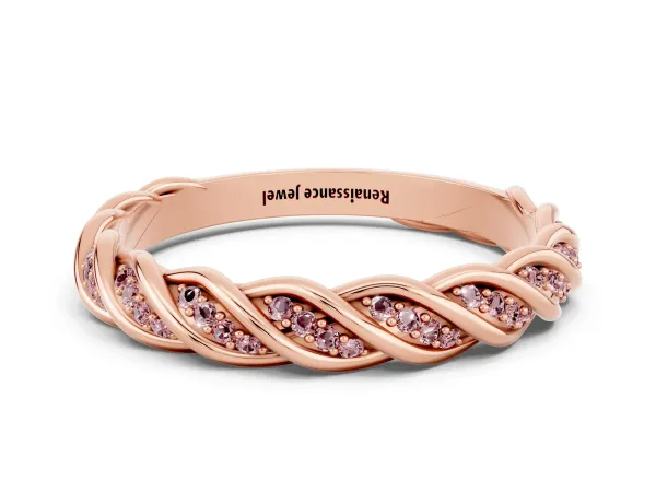 Twisted Pavé Round Morganite Eternity Band with Shared Prong Setting Rose gold