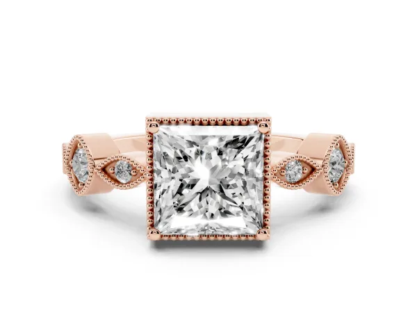 Princess Cut Diamond Vintage Milgrain Ring with Round Stations Rose gold