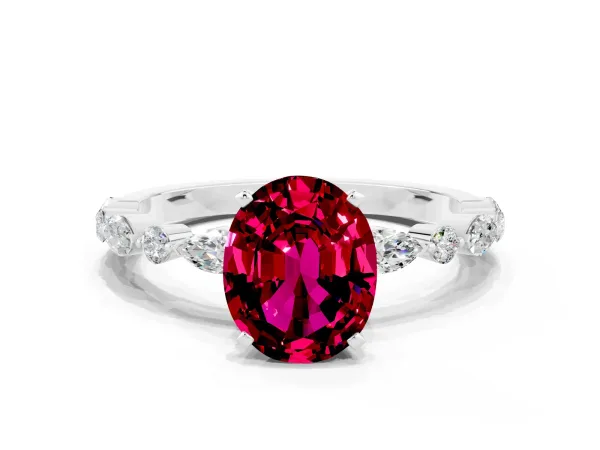 Oval Cut Garnet Ring with Marquise and Round Side Stones and Four-Prong Setting White gold