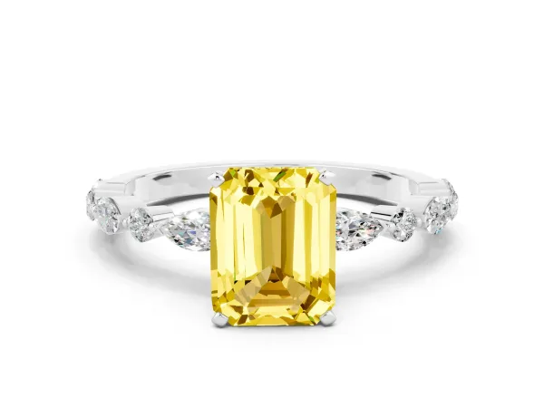 Emerald Cut Yellow Sapphire Ring with Marquise and Round Side Stones and Four-Prong Setting White gold