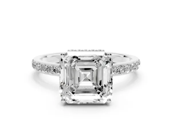 Asscher Cut Diamond Solitaire Ring with Pavé Band and Hidden Halo Platinum