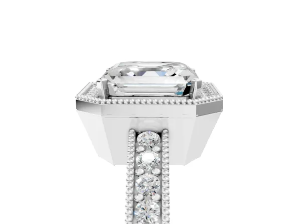 Asscher Cut Cut Halo Diamond Pave Band Ring with Four-Prong Setting Platinum