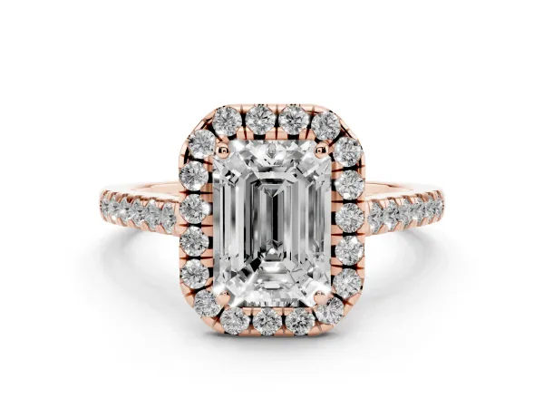 Emerald Cut Halo Pave Diamond Engagement Ring with Four-Prong Setting Rose gold