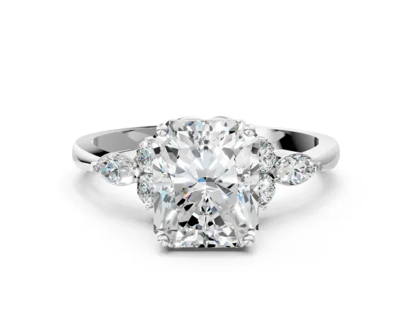 Radiant Cut Brilliant Diamond Solitaire Ring with Pear Side Stones and Four-Prong Setting Platinum