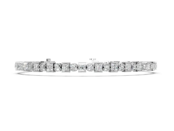 Bezel and Prong Set Round and Princess Cut Diamond Tennis Bracelet White gold