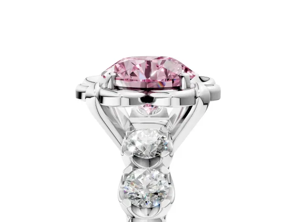 Fancy Pink Round Cut Cut Diamond Floral Halo Engagement Ring with Shared Prong Setting Platinum