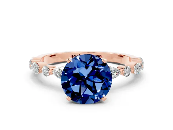 Round Cut Blue Sapphire Ring with Marquise and Round Side Stones and Four-Prong Setting Rose gold