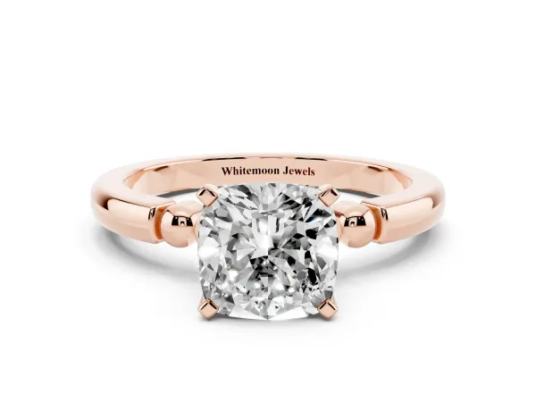 Cushion Cut Solitaire Beaded Band with Four-Prong Setting Rose gold