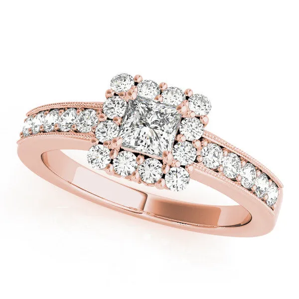 Asscher Cut Cut Halo Diamond Pavé Engagement Ring with Milgrain Detailing Rose gold
