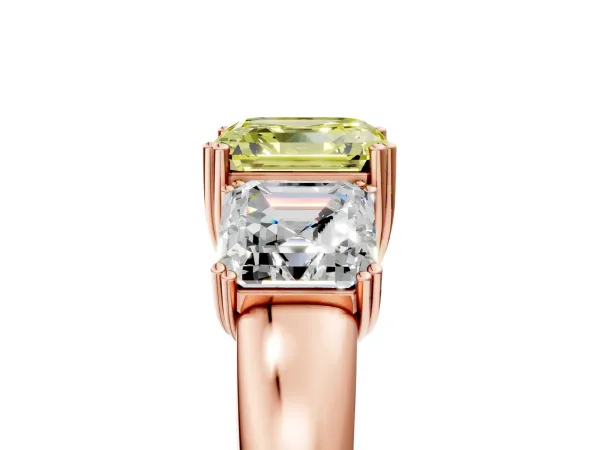 Fancy Yellow Three-Stone Asscher Cut Cut Diamond Ring with Channel Set Band and Four-Prong Setting Rose gold