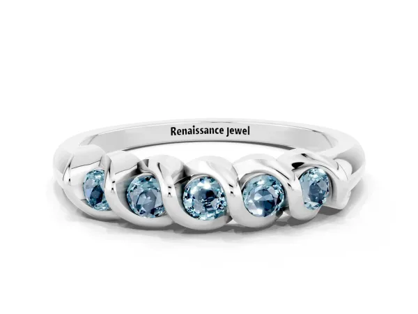 Round Aquamarine Eternity Band with Twist Prong Setting Platinum