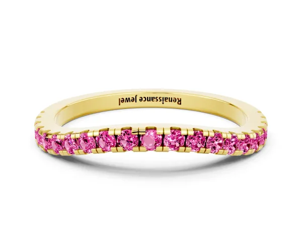 Round Pink Sapphire Pavé Half Eternity Band with Shared Prong Setting Yellow gold