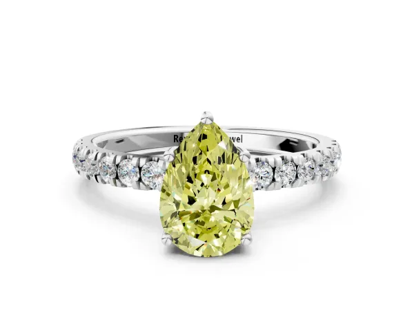Fancy Yellow Pear Cut Diamond Pave Band Solitaire Ring with Round and Prong Setting White gold