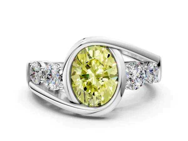 Fancy Yellow Bezel Set Oval Cut Diamond Bypass Ring with Round Accents Platinum