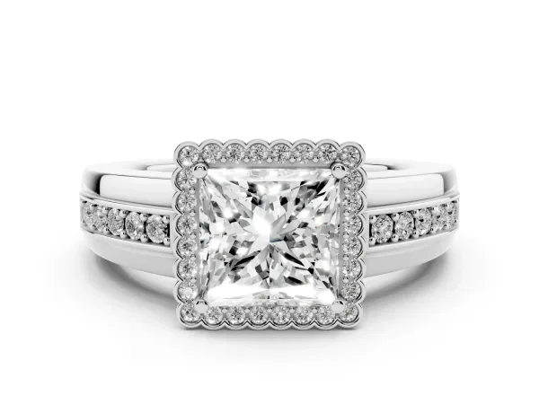 Princess Cut Cut Halo Pave Band Four-Prong Ring White gold