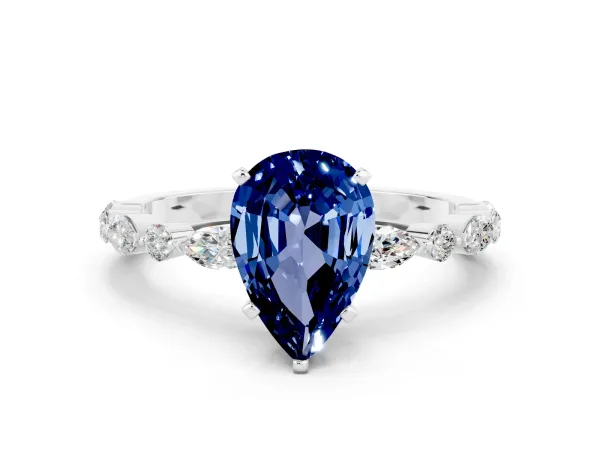 Pear Cut Blue Sapphire Ring with Marquise and Round Side Stones and Four-Prong Setting White gold