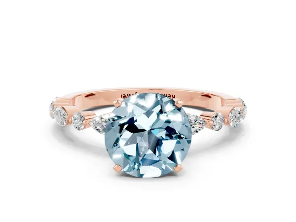 Round Cut Aquamarine Ring with Marquise and Round Side Stones and Four-Prong Setting Rose gold