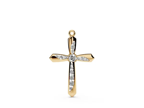 Gold Cross Pendant with Round Cut Stones and Prong Setting Yellow gold