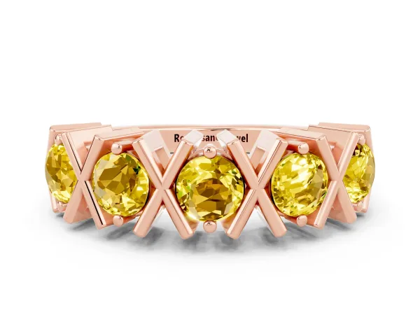 Round Yellow Sapphire Channel Set Band with X-Prong Detail Rose gold