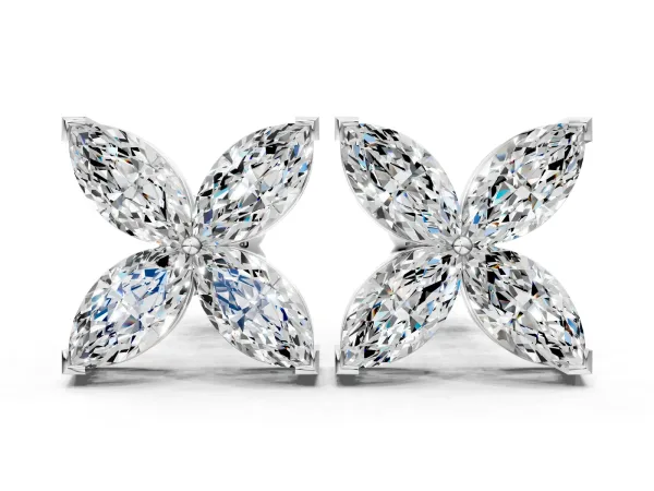 Marquise Cut Diamond Flower Stud Earrings Silver