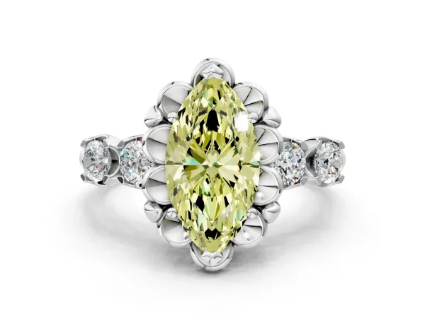 Fancy Yellow Marquise Cut Cut Diamond Floral Halo Engagement Ring with Shared Prong Setting Platinum