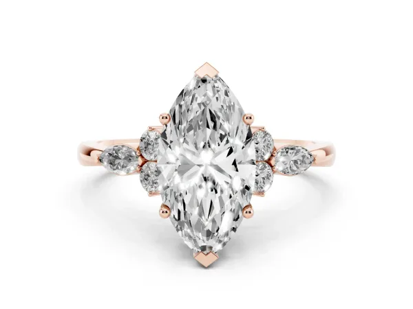 Marquise Cut Brilliant Diamond Solitaire Ring with Pear Side Stones and Four-Prong Setting Rose gold