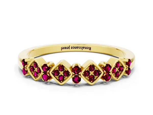 Pavé Cushion Garnet Cluster Eternity Band with Prong Setting Yellow gold