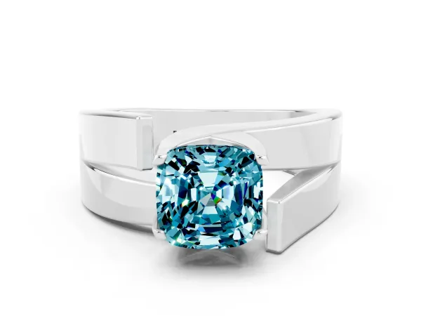 Modern Tension Set Cushion Cut Blue Topaz Solitaire Wide Band Ring Platinum