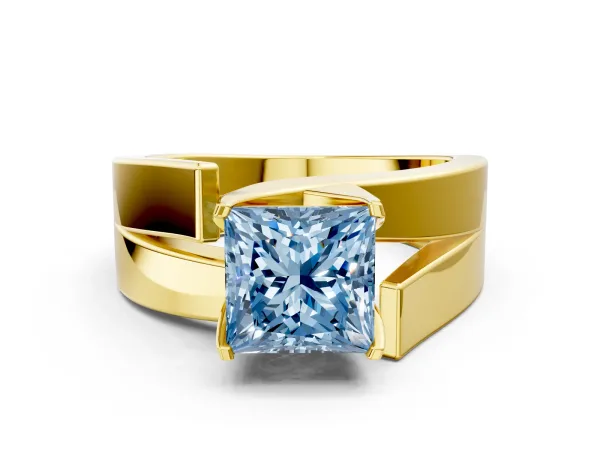 Fancy Blue Modern Tension Set Princess Cut Diamond Solitaire Wide Band Ring Yellow gold