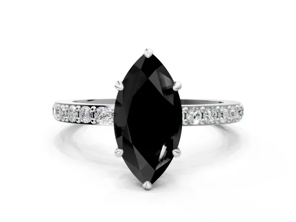 Fancy Black Marquise Cut Diamond Solitaire Engagement Ring with Pavé Band and Four-Prong Setting Platinum