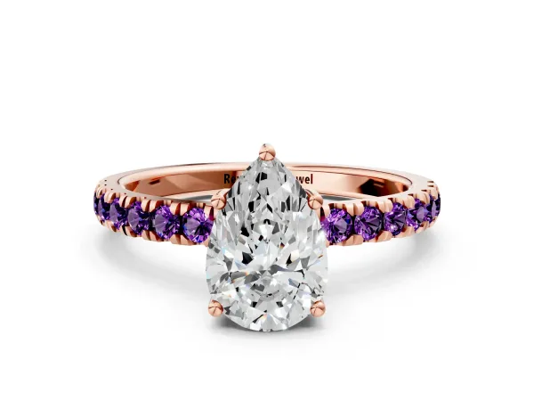 Pear Cut Diamond Pave Band Solitaire Ring with Round Amethyst and Prong Setting Rose gold