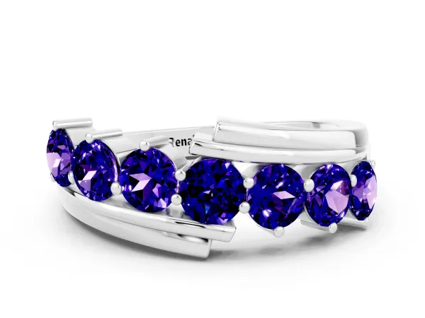 Round Tanzanite Wave Band with Channel and Shared Prong Setting Platinum