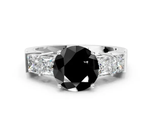 Fancy Black Round Cut Solitaire Princess Side Stone Engraved Band Prong Setting Ring Platinum