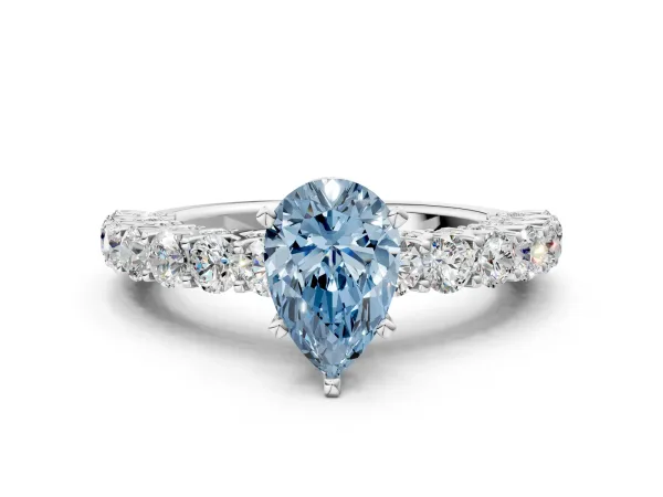 Fancy Blue Pear Cut Diamond Solitaire Ring with Shared Prong Pavé Band and Four-Prong Setting Silver