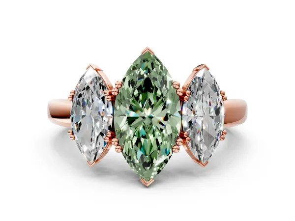 Fancy Green Three-Stone Marquise Cut Cut Diamond Ring with Channel Set Band and Four-Prong Setting Rose gold