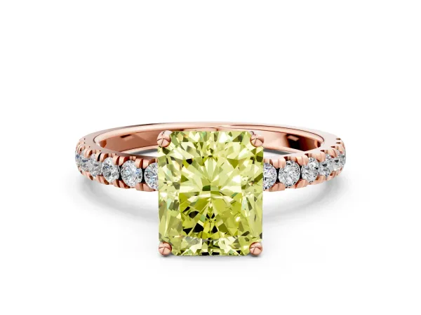 Fancy Yellow Radiant Cut Diamond Pave Band Solitaire Ring with Round and Prong Setting Rose gold