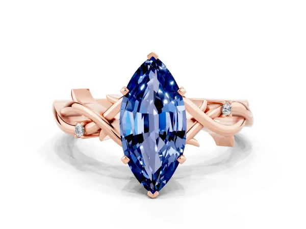 Marquise Cut Blue Sapphire Solitaire Ring with Milgrain Pavé Band and Four-Prong Setting Rose gold