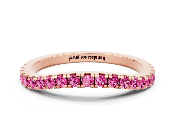 Round Pink Sapphire Pavé Half Eternity Band with Shared Prong Setting Rose gold