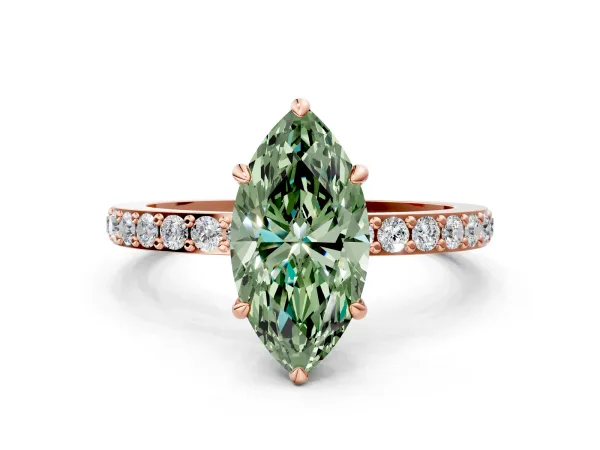 Fancy Green Marquise Cut Diamond Solitaire Engagement Ring with Pavé Band and Four-Prong Setting Rose gold