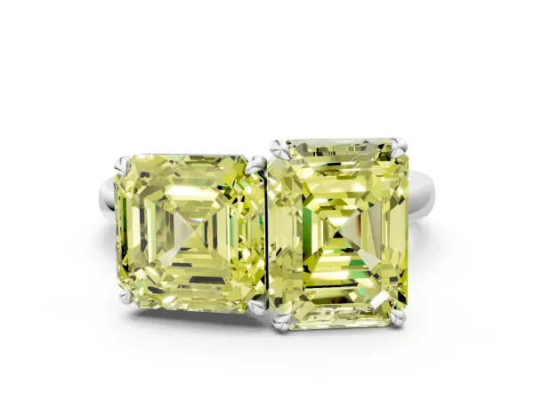 Fancy Yellow Asscher Cut and Emerald Cut Toi Moi Ring with Prong Setting White gold