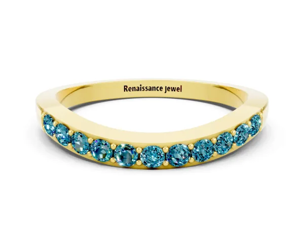 Round Blue Topaz Curved Wedding Band with Channel Setting Yellow gold