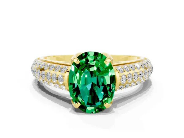 Oval Cut Emerald Solitaire Ring with Three-Row Pavé Band and Four-Prong Setting Yellow gold