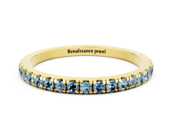 Pavé Round Aquamarine Half Eternity Band with Shared Prong Setting Yellow gold